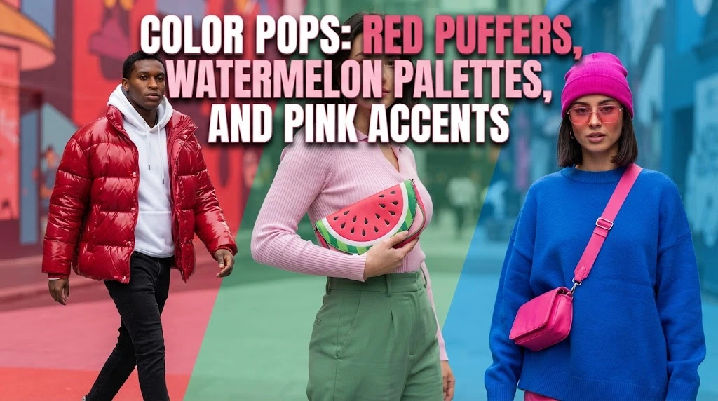 Color Pops: Red Puffers, Watermelon Palettes, and Pink Accents